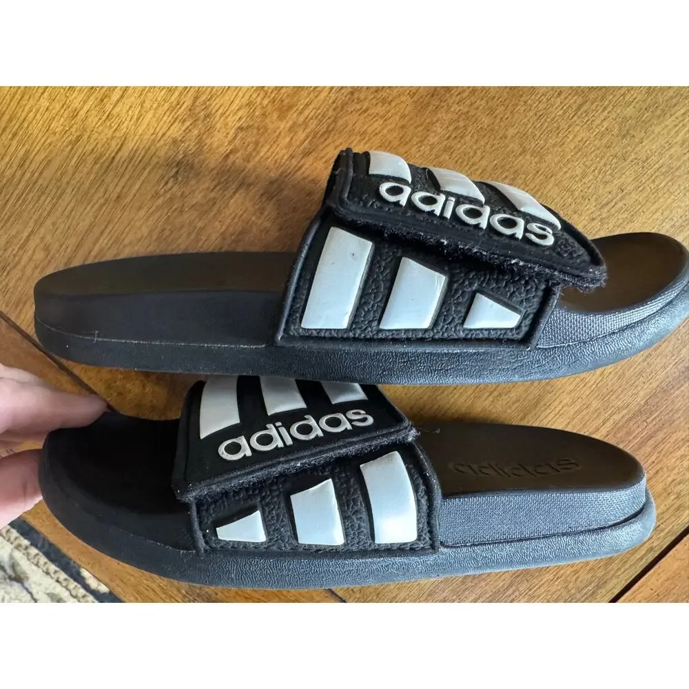 Adidas Black & White Slides Sandals Kids Size US 1 3-Stripes Comfort - Picture 6 of 9